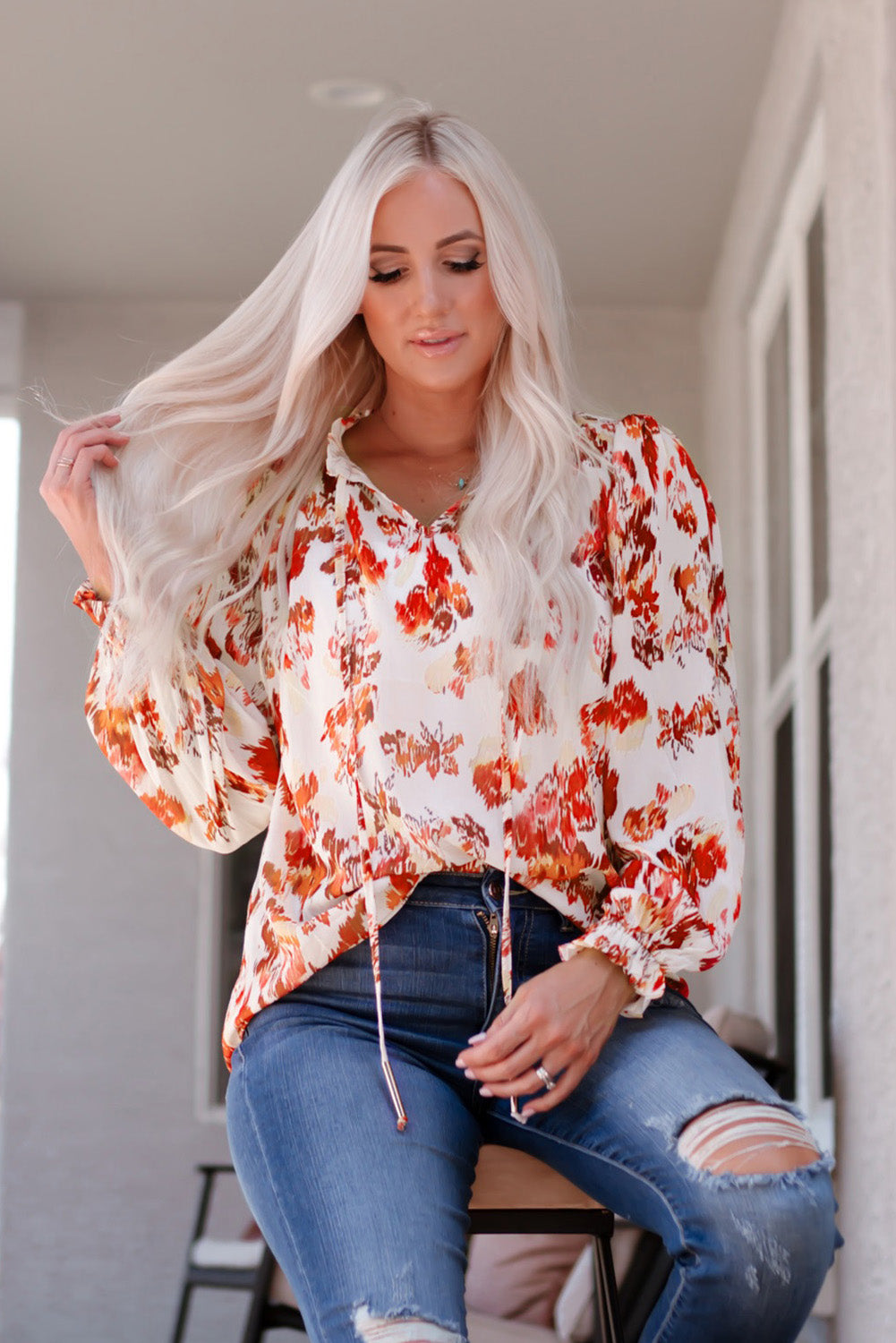 Trendsi Printed Tie Front Flounce Sleeve Blouse